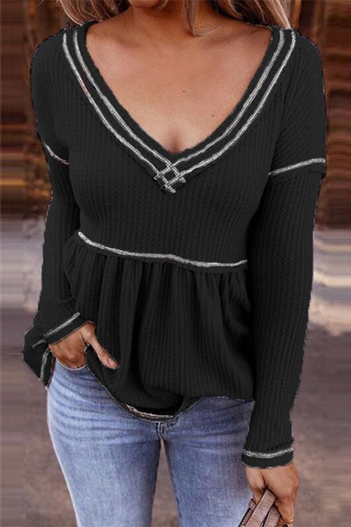 Nikkimoda Deep V Neck Ruffle Hem Tops