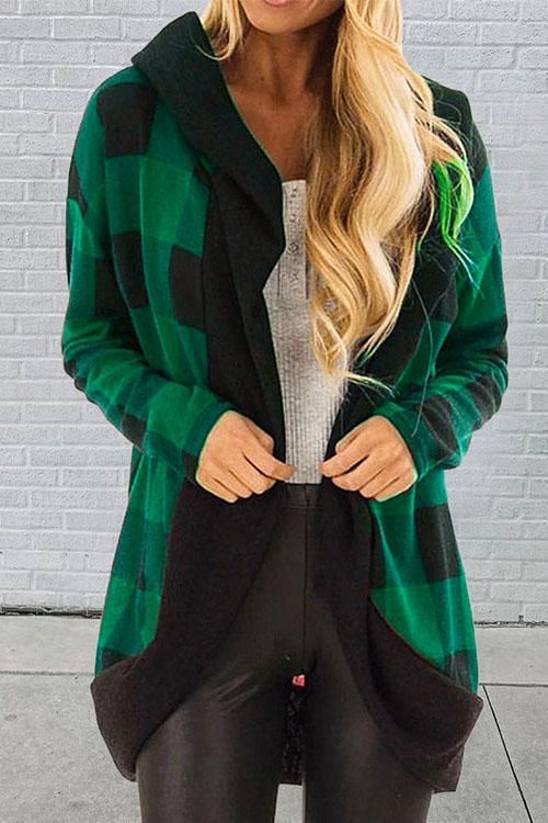 Nikkimoda Open Front Plaid Hoodied Cardigan