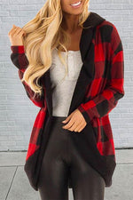 Nikkimoda Open Front Plaid Hoodied Cardigan