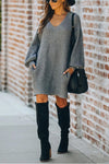 Nikkimoda V Neck Lantern Sleeve Pockets Sweater Dress