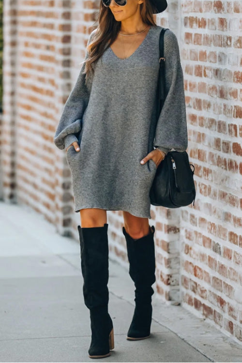 Nikkimoda V Neck Lantern Sleeve Pockets Sweater Dress
