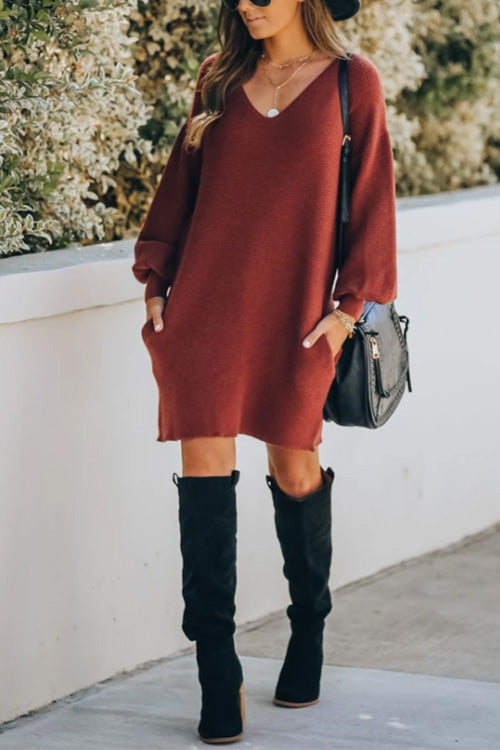 Nikkimoda V Neck Lantern Sleeve Pockets Sweater Dress
