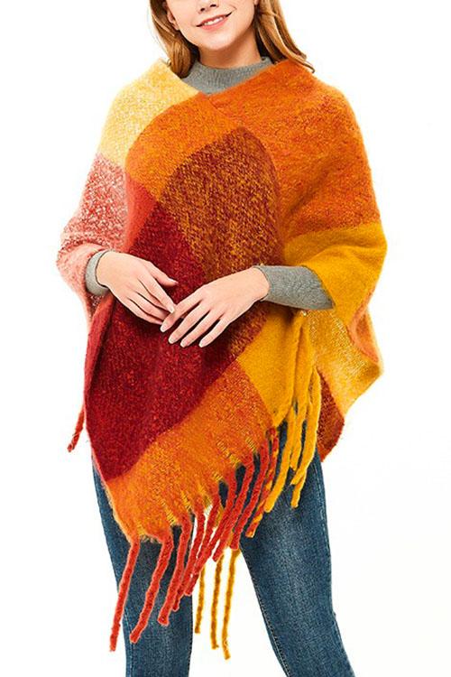 Nikkimoda Rainbow Plaid Tassel Shawl Cloak
