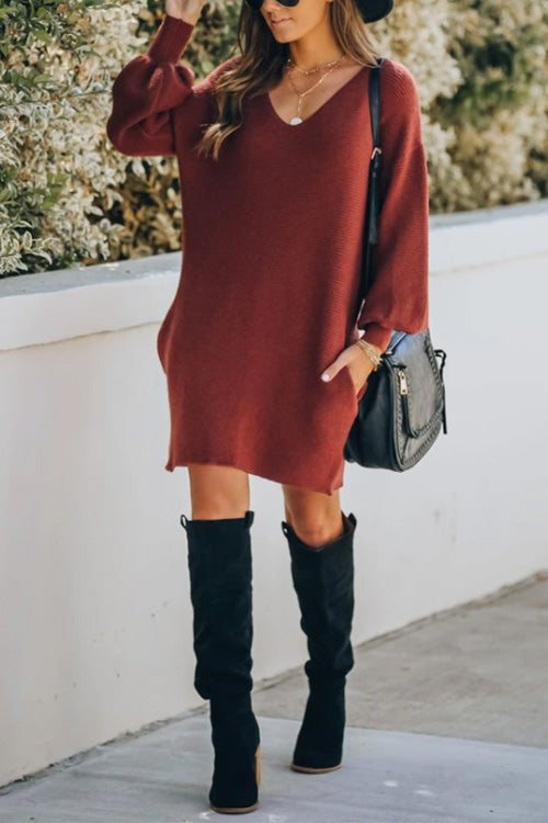 Nikkimoda V Neck Lantern Sleeve Pockets Sweater Dress