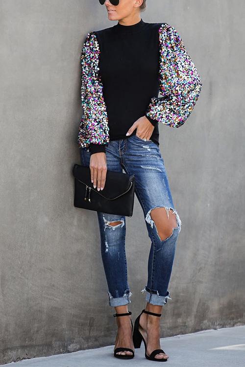 Nikkimoda Sequin Lantern Sleeve Sparkle Blouses