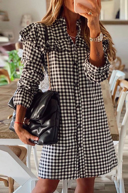 Nikkimoda Button Down Ruffle Plaid Shirt Dress