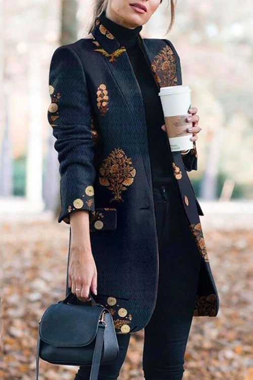Nikkimoda Stand Collar Printed Mid-long Coat