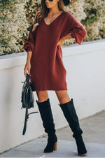 Nikkimoda V Neck Lantern Sleeve Pockets Sweater Dress
