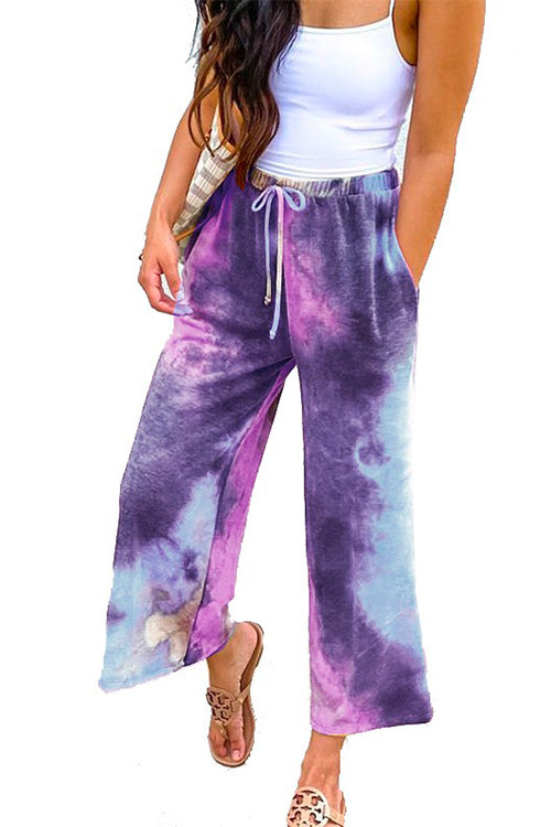 Nikkimoda Tie Dye Wide Leg Drawstring Cropped Pants
