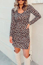 Nikkimoda Leopard Side Split Velvet Bodycon Dress