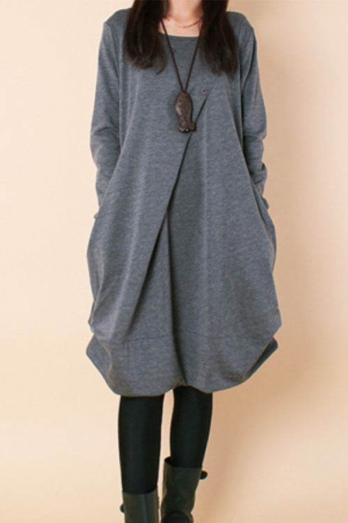 Nikkimoda Crewneck Ruched Casual Midi Dress