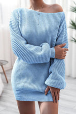 Nikkimoda Off Shoulder Lantern Sleeve Solid Sweater Dress