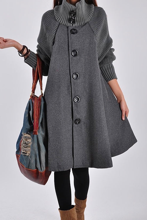 Nikkimoda Turtleneck Buttons Knit Splice A-line Coat