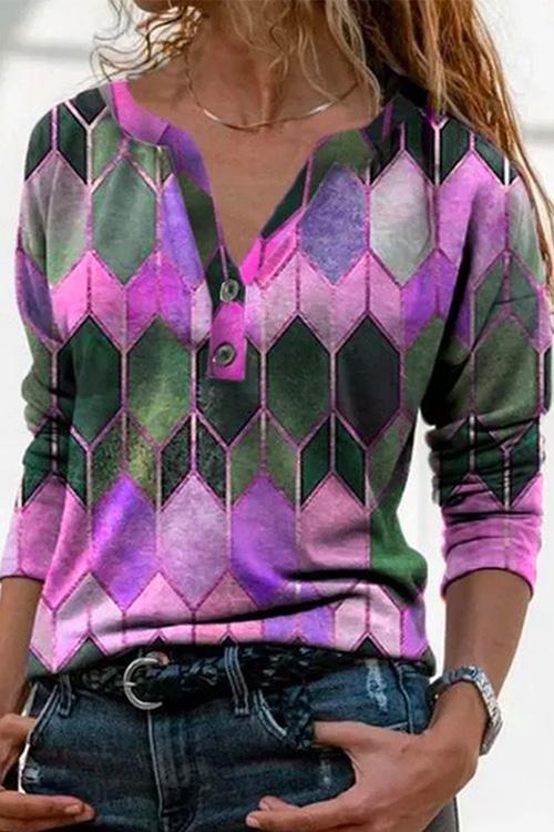 Nikkimoda V Neck Buttons Color Block Printed Bottoming Shirt