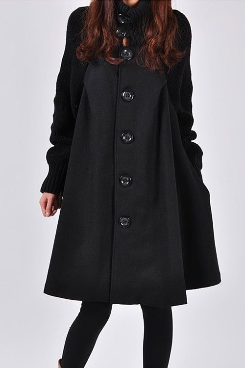 Nikkimoda Turtleneck Buttons Knit Splice A-line Coat
