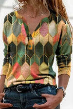 Nikkimoda V Neck Buttons Color Block Printed Bottoming Shirt