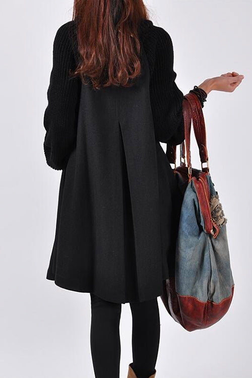 Nikkimoda Turtleneck Buttons Knit Splice A-line Coat