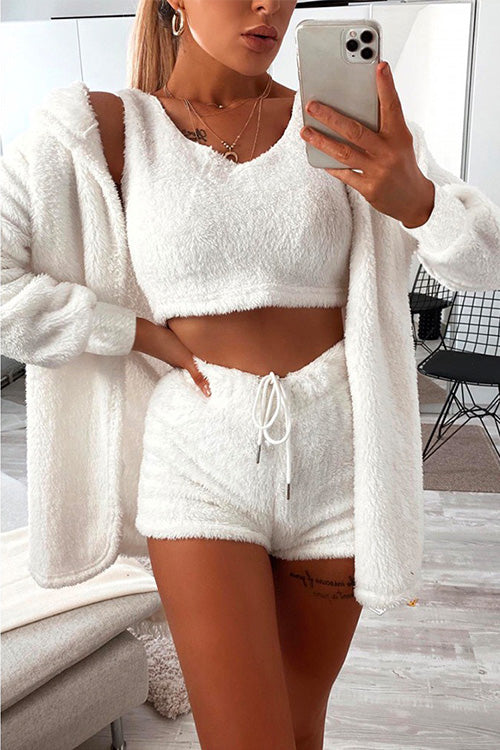 Nikkimoda Fleece Crop Tank Shorts and Cardigan Sets(3 Peices)